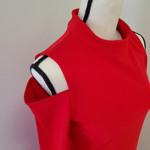 Express Ribbed Cold Shoulder Mock Neck Red Dress - Picture 5 of 10